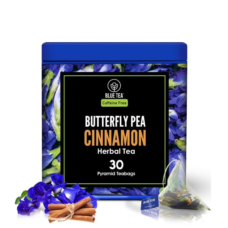 BLUE TEA - Butterfly Pea Flower Tea - Cinnamon - 30 Count - Pyramid Plant Based Tea Bag | Gokarna | ANTIOXIDANT RICH | Herbal Tea - Caffeine Free - Flower Based - Vegan - Non-Bitter | Tin Pack - Image 1